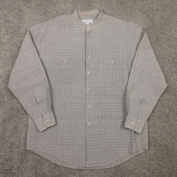 Saint Laurent Other - Yves Saint Laurent Shirt Mens Large Beige Plaid Band Collar Pockets Button Up